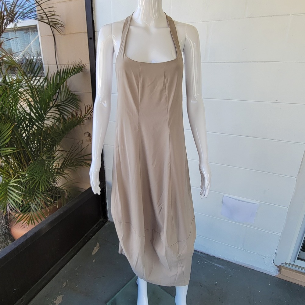 Vintage 90's Beige Sleeveless Halter-Neck Midi Dress Women Size 6-8 Small Bust